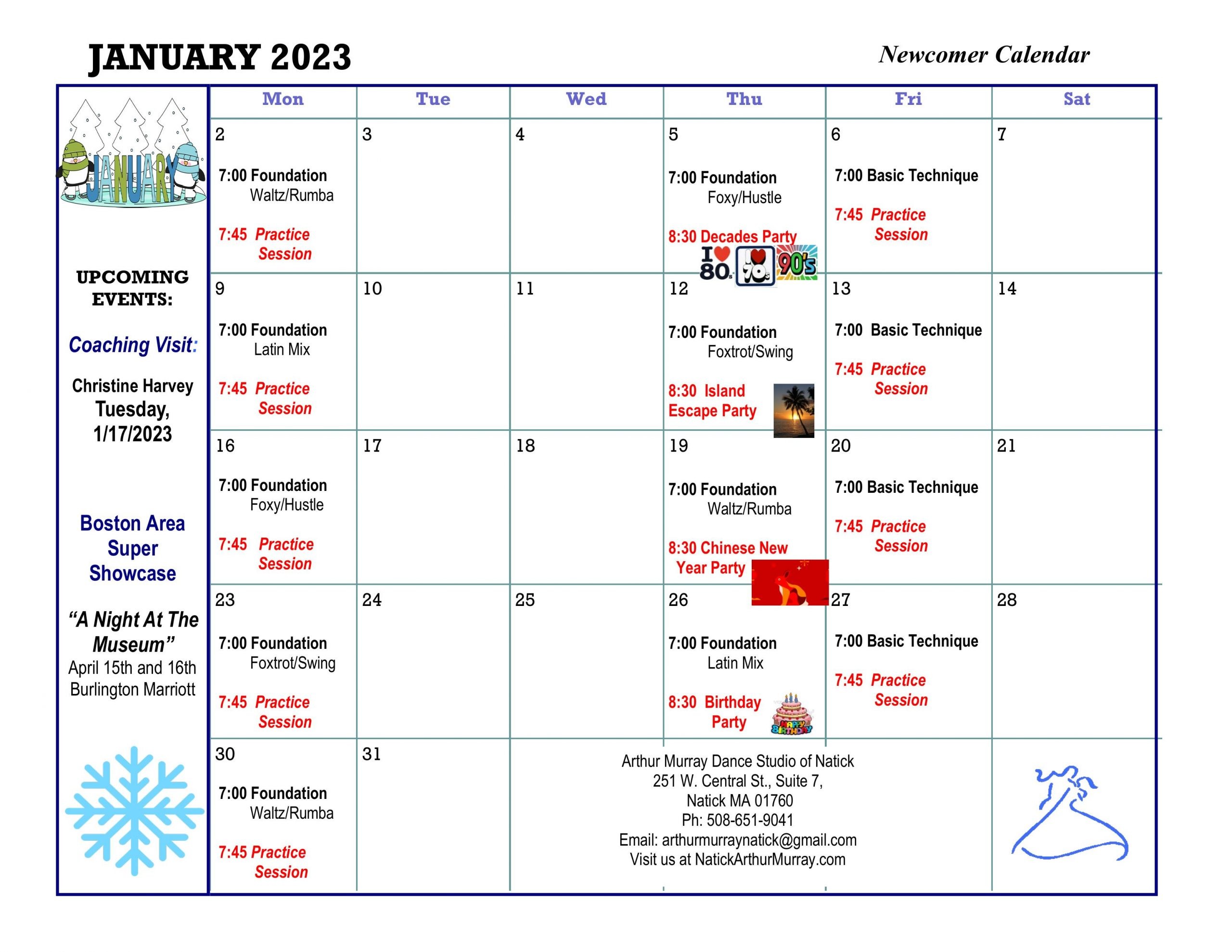 Dance Studio Natick Newcomer Jan Calendar
